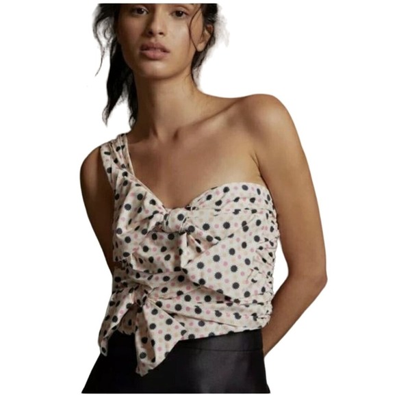 NWT Anthropologie Maeve Pink Polka Dot Bow Tie One Shoulder Tank Blouse Top 12 - Picture 1 of 6